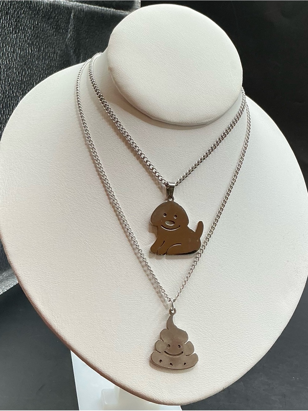 SILVER TONE SET OF 2 PENDANT NECKLACES DOG AND POO POOP NWOT